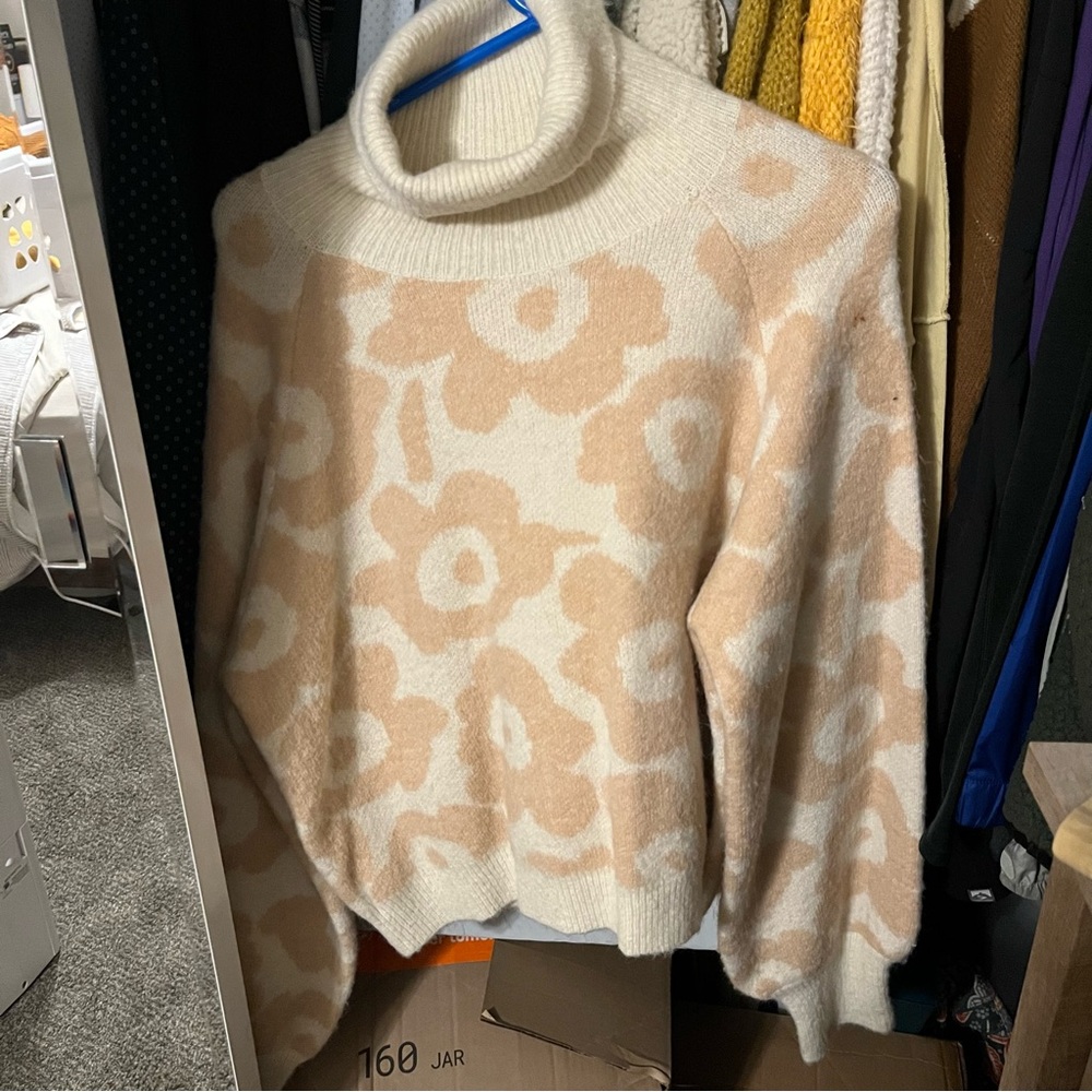 Lush Cream and Pink Floral Turtleneck Sweater